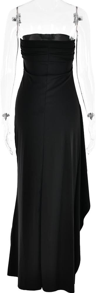 Women's Sexy Strapless Backless High Split Long Maxi Dress Ruched Off Shoulder Sleeveless Bodycon Party Cocktail Dresses
