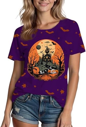 Halloween Shirts for Women: Castle Pumpkin Pattern Halloween Party Short Sleeve Costumes Crewneck T-Shirt