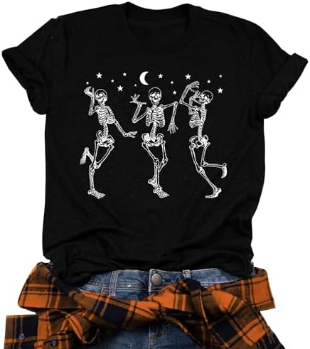 Dancing Skeleton Shirt for Women Happy Halloween T-Shirt Funny Skeleton Graphic Tees Tops Blouse Gift