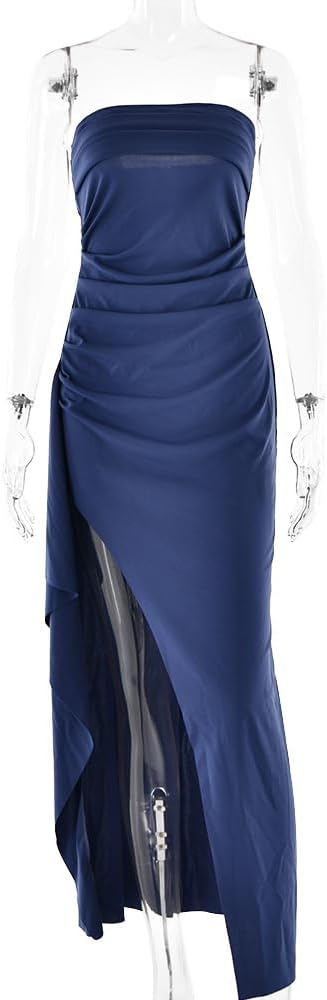 Women's Sexy Strapless Backless High Split Long Maxi Dress Ruched Off Shoulder Sleeveless Bodycon Party Cocktail Dresses