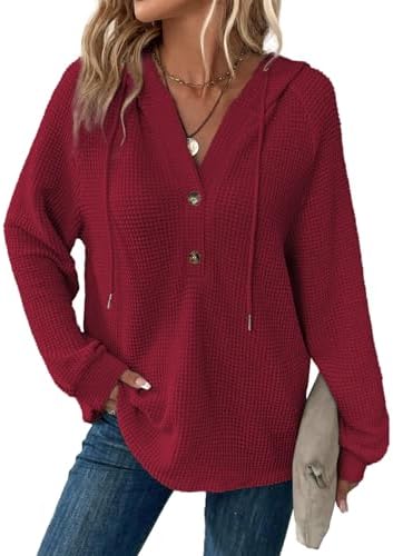 Hoodies for Women Waffle Knit Long Sleeve Drawstring Button V Neck Casual Pullover Sweatshirt Hooded Tops