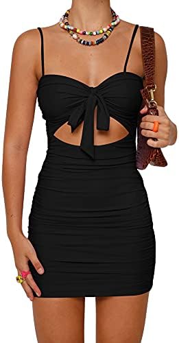 Women's Sexy Bodycon Cut Out Ruched Backless Spaghetti Strap Mini Club Party Dresses