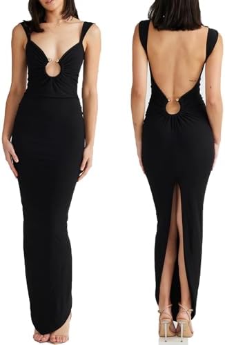 Sexy Backless Dresses for Women Cut Out Bodycon Maxi Dress Open Back Smocked High Slit Party Long Cocktail Dresses