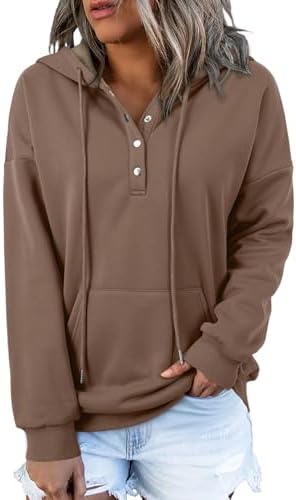 Womens 2025 Hoodies Button Collar Drawstring Hooded Pullover Sweatshirt Casual Long Sleeve Tops Shirts