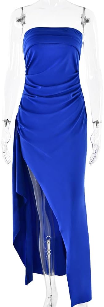 Women's Sexy Strapless Backless High Split Long Maxi Dress Ruched Off Shoulder Sleeveless Bodycon Party Cocktail Dresses