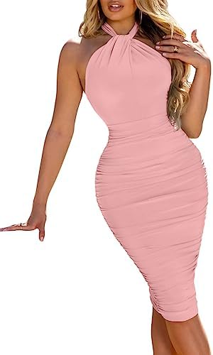 Women's Sexy Bodycon Sleeveless Backless Ruched Halter Neck Party Club Cocktail Midi Dress