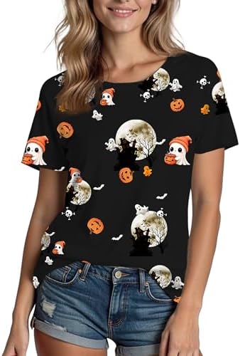 Halloween Shirts for Women: Castle Pumpkin Pattern Halloween Party Short Sleeve Costumes Crewneck T-Shirt
