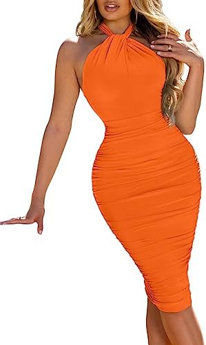 Women's Sexy Bodycon Sleeveless Backless Ruched Halter Neck Party Club Cocktail Midi Dress