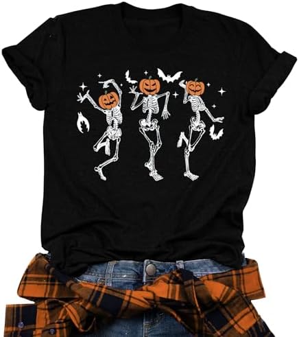 Dancing Skeleton Shirt for Women Happy Halloween T-Shirt Funny Skeleton Graphic Tees Tops Blouse Gift