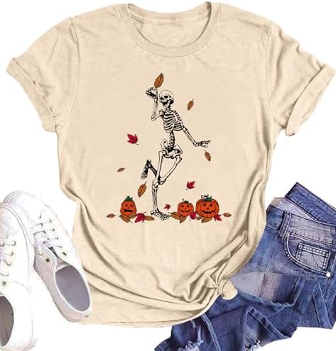 Dancing Skeleton Shirt for Women Happy Halloween T-Shirt Funny Skeleton Graphic Tees Tops Blouse Gift