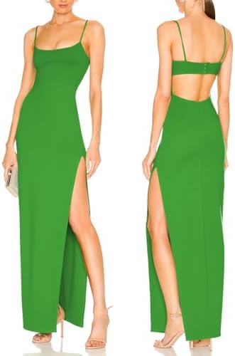 Women's Sexy Backless Spaghetti Straps Square Neck Maxi Dress Thigh High Slit Bodycon Cocktail Party Dress 211