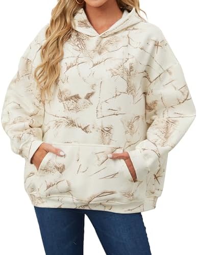 Womens Camo Hoodies Maple Leaf Print Oversized Hooded Sweatshirt Fleece Pullover Sweatshirts Long Sleeve with Pocket