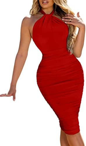 Women's Sexy Bodycon Sleeveless Backless Ruched Halter Neck Party Club Cocktail Midi Dress