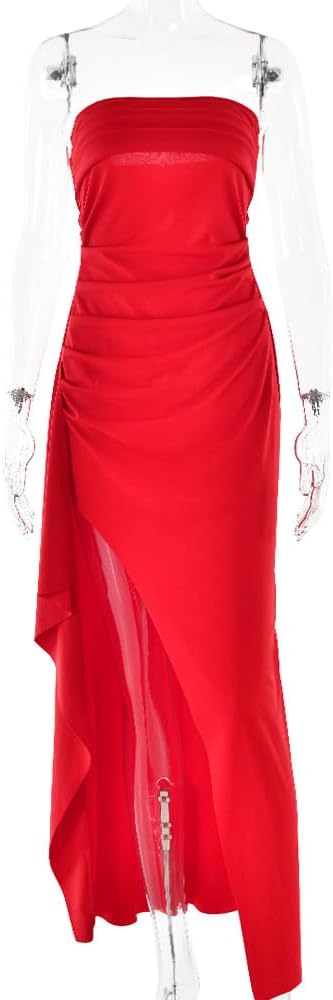 Women's Sexy Strapless Backless High Split Long Maxi Dress Ruched Off Shoulder Sleeveless Bodycon Party Cocktail Dresses