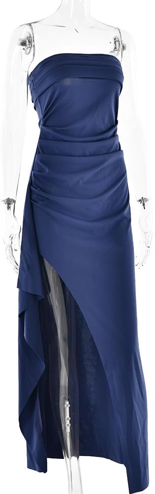 Women's Sexy Strapless Backless High Split Long Maxi Dress Ruched Off Shoulder Sleeveless Bodycon Party Cocktail Dresses