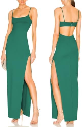 Women's Sexy Backless Spaghetti Straps Square Neck Maxi Dress Thigh High Slit Bodycon Cocktail Party Dress 211