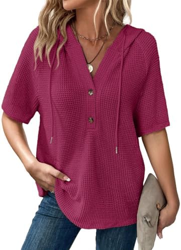 Hoodies for Women Waffle Knit Long Sleeve Drawstring Button V Neck Casual Pullover Sweatshirt Hooded Tops