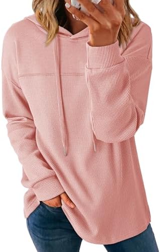 Womens Hoodies Casual Waffle Knit Long Sleeve Drawstring Pullover Sweatshirts Lightweight Hooded Tops