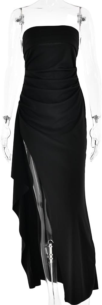Women's Sexy Strapless Backless High Split Long Maxi Dress Ruched Off Shoulder Sleeveless Bodycon Party Cocktail Dresses