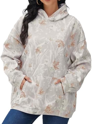 Womens Camo Hoodies Maple Leaf Print Oversized Hooded Sweatshirt Fleece Pullover Sweatshirts Long Sleeve with Pocket
