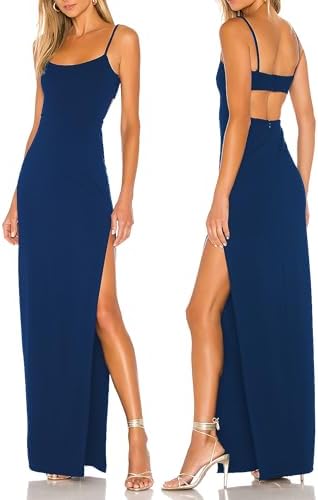 Women's Sexy Backless Spaghetti Straps Square Neck Maxi Dress Thigh High Slit Bodycon Cocktail Party Dress 211
