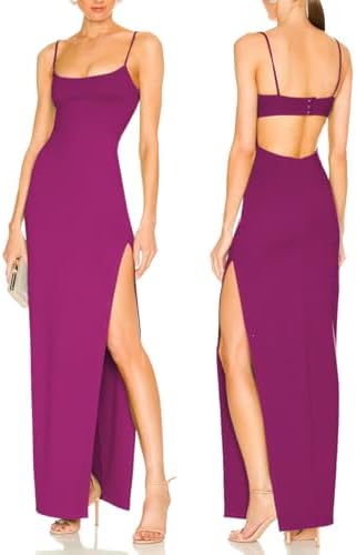 Women's Sexy Backless Spaghetti Straps Square Neck Maxi Dress Thigh High Slit Bodycon Cocktail Party Dress 211