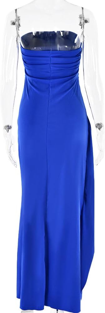 Women's Sexy Strapless Backless High Split Long Maxi Dress Ruched Off Shoulder Sleeveless Bodycon Party Cocktail Dresses