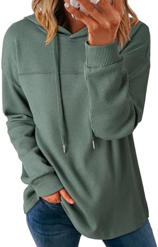 Womens Hoodies Casual Waffle Knit Long Sleeve Drawstring Pullover Sweatshirts Lightweight Hooded Tops