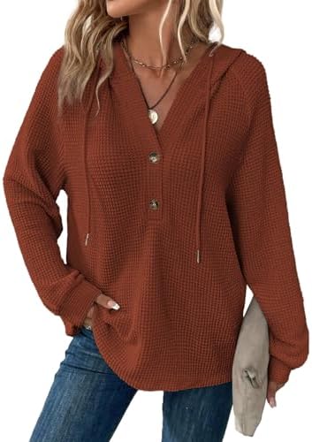 Hoodies for Women Waffle Knit Long Sleeve Drawstring Button V Neck Casual Pullover Sweatshirt Hooded Tops