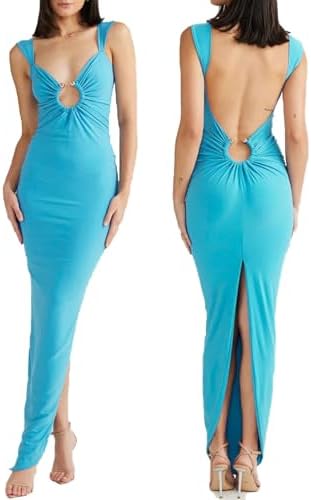 Sexy Backless Dresses for Women Cut Out Bodycon Maxi Dress Open Back Smocked High Slit Party Long Cocktail Dresses