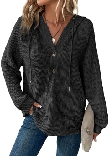 Hoodies for Women Waffle Knit Long Sleeve Drawstring Button V Neck Casual Pullover Sweatshirt Hooded Tops