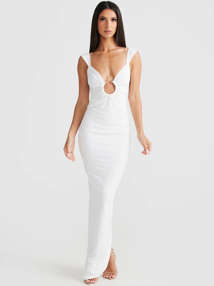 Sexy Backless Dresses for Women Cut Out Bodycon Maxi Dress Open Back Smocked High Slit Party Long Cocktail Dresses