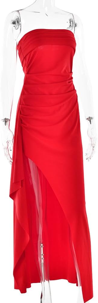 Women's Sexy Strapless Backless High Split Long Maxi Dress Ruched Off Shoulder Sleeveless Bodycon Party Cocktail Dresses