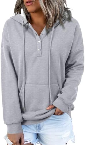 Womens 2025 Hoodies Button Collar Drawstring Hooded Pullover Sweatshirt Casual Long Sleeve Tops Shirts