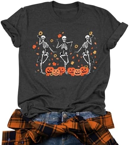 Dancing Skeleton Shirt for Women Happy Halloween T-Shirt Funny Skeleton Graphic Tees Tops Blouse Gift