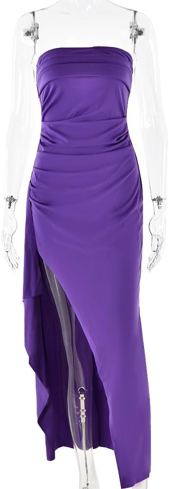 Women's Sexy Strapless Backless High Split Long Maxi Dress Ruched Off Shoulder Sleeveless Bodycon Party Cocktail Dresses