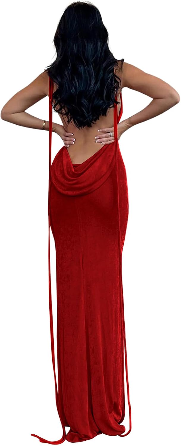 Slip Bodycon Dresses for Women Spaghetti Strap Lace Up Backless Cowl Neck Maxi Mermaid Cocktail Party Dress