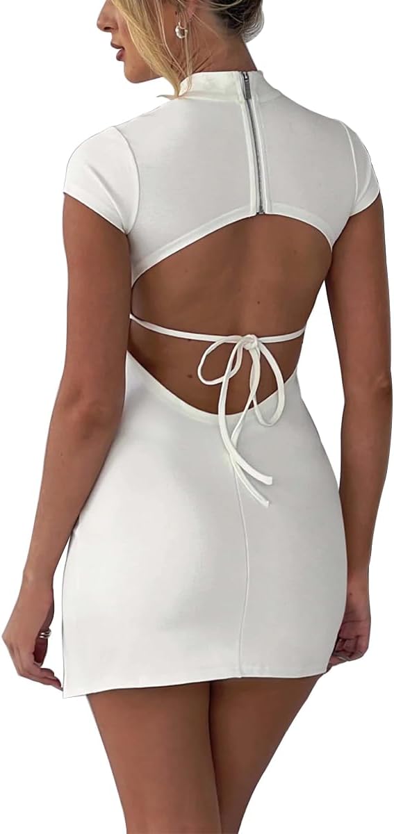 Women's 2024 Summer Sexy Short Sleeve Mock Neck Cut Out Backless Side Slit Drawstring Bodycon Mini Dress Clubwear