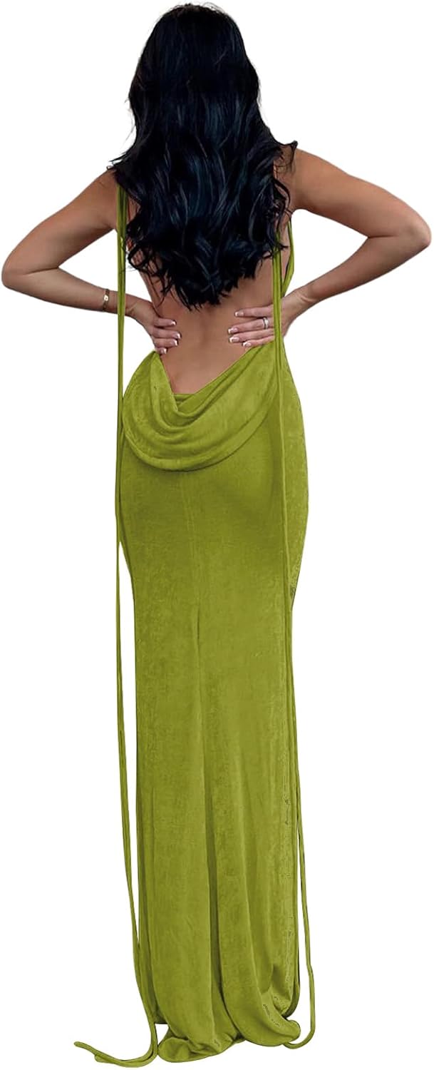 Slip Bodycon Dresses for Women Spaghetti Strap Lace Up Backless Cowl Neck Maxi Mermaid Cocktail Party Dress