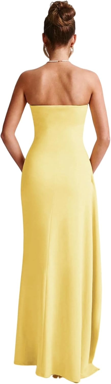 Women's Sexy Strapless Backless High Split Long Maxi Dress Ruched Off Shoulder Sleeveless Bodycon Party Cocktail Dresses
