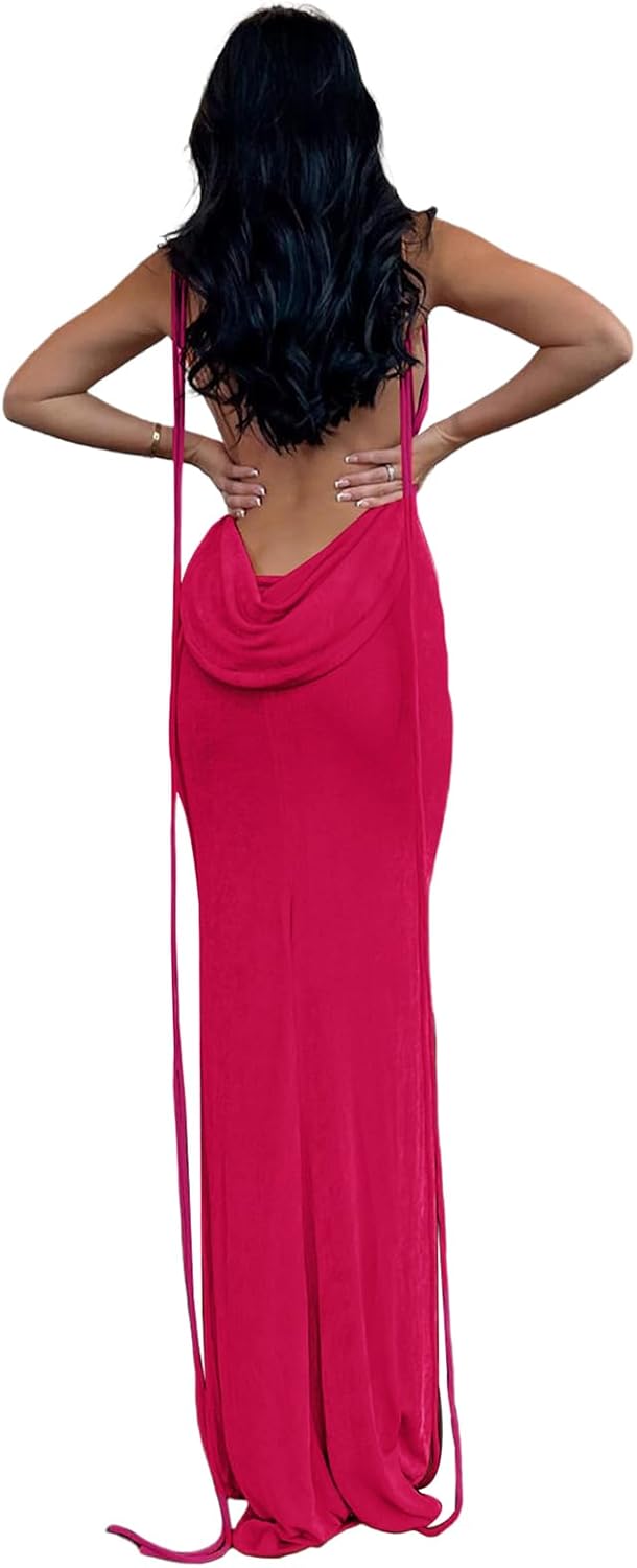 Slip Bodycon Dresses for Women Spaghetti Strap Lace Up Backless Cowl Neck Maxi Mermaid Cocktail Party Dress
