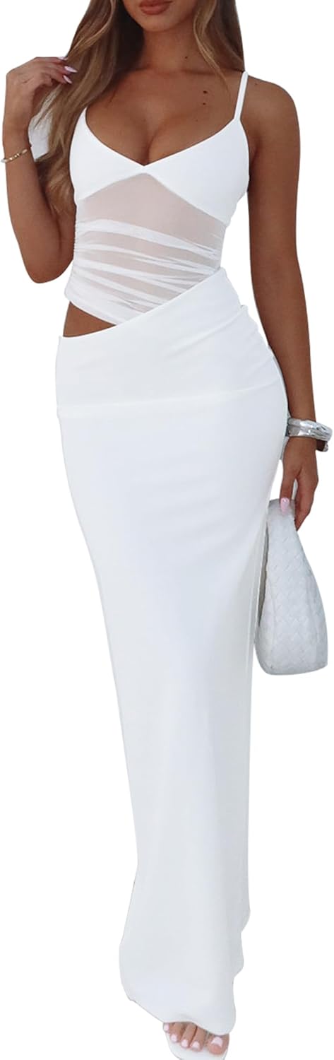 Women's Sexy Bodycon V Neck Spaghetti Strap Maxi Dress Elegant Backless Cocktail Evening Party Long Formal Dresses