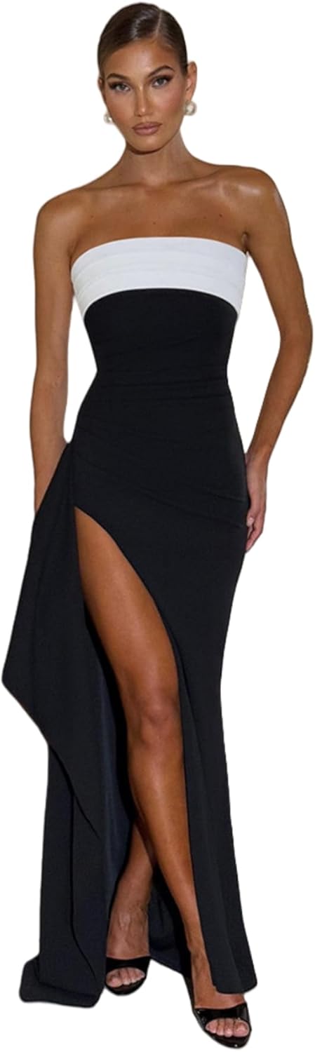 Women's Sexy Strapless Backless High Split Long Maxi Dress Ruched Off Shoulder Sleeveless Bodycon Party Cocktail Dresses