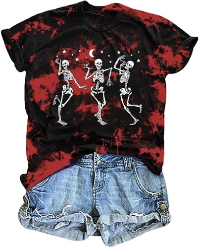 Dancing Skeleton Shirt for Women Happy Halloween T-Shirt Funny Skeleton Graphic Tees Tops Blouse Gift