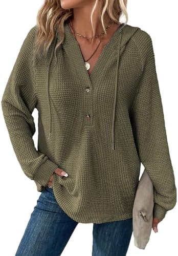 Hoodies for Women Waffle Knit Long Sleeve Drawstring Button V Neck Casual Pullover Sweatshirt Hooded Tops