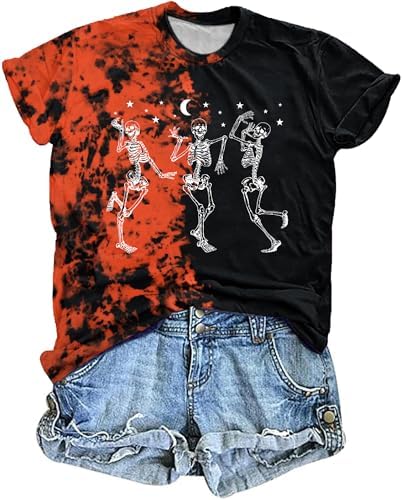 Dancing Skeleton Shirt for Women Happy Halloween T-Shirt Funny Skeleton Graphic Tees Tops Blouse Gift