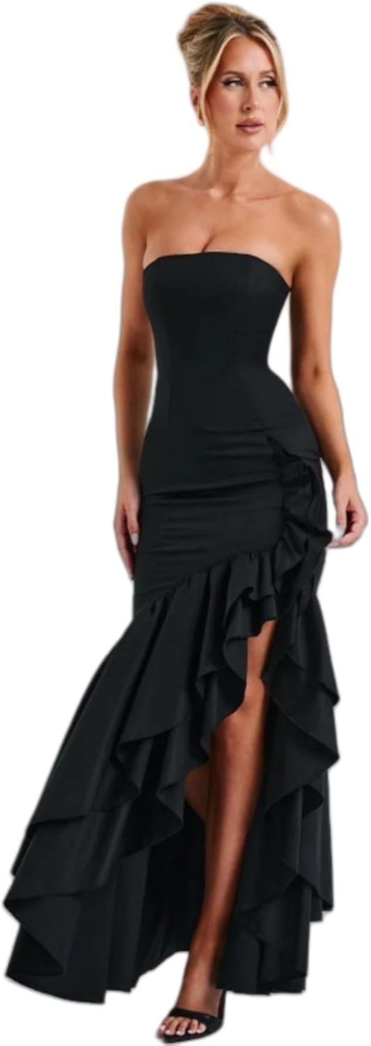 Women's Sexy Strapless Backless High Split Long Maxi Dress Ruched Off Shoulder Sleeveless Bodycon Party Cocktail Dresses