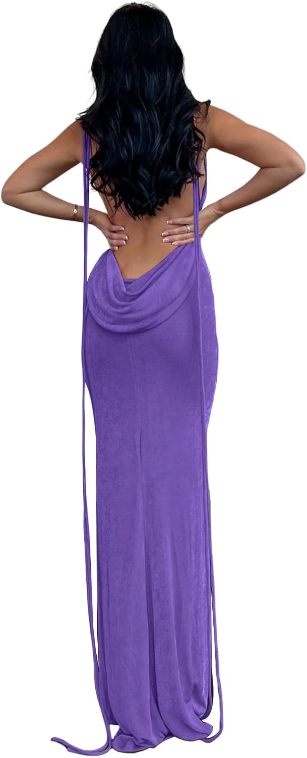 Slip Bodycon Dresses for Women Spaghetti Strap Lace Up Backless Cowl Neck Maxi Mermaid Cocktail Party Dress