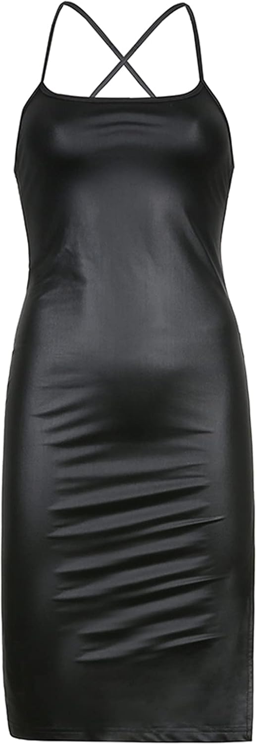 Women Faux Leather Dress Sleeveless Backless Bandage Bodycon Split Midi Dresses Party Cocktail