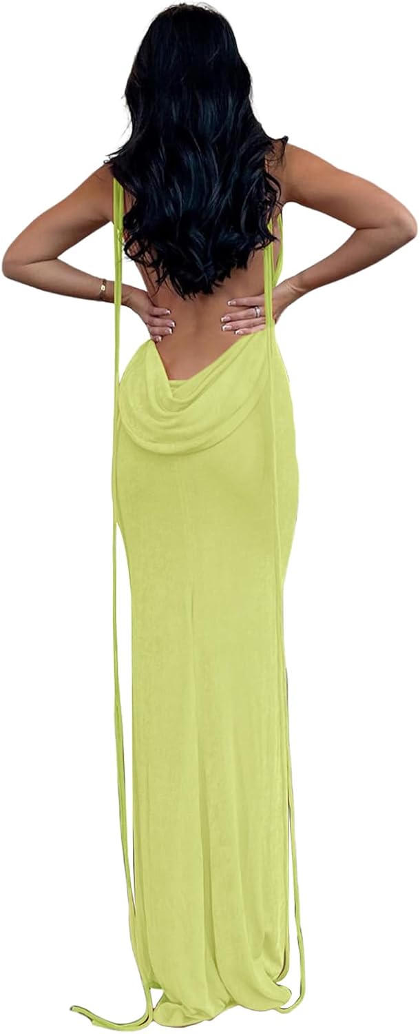 Slip Bodycon Dresses for Women Spaghetti Strap Lace Up Backless Cowl Neck Maxi Mermaid Cocktail Party Dress